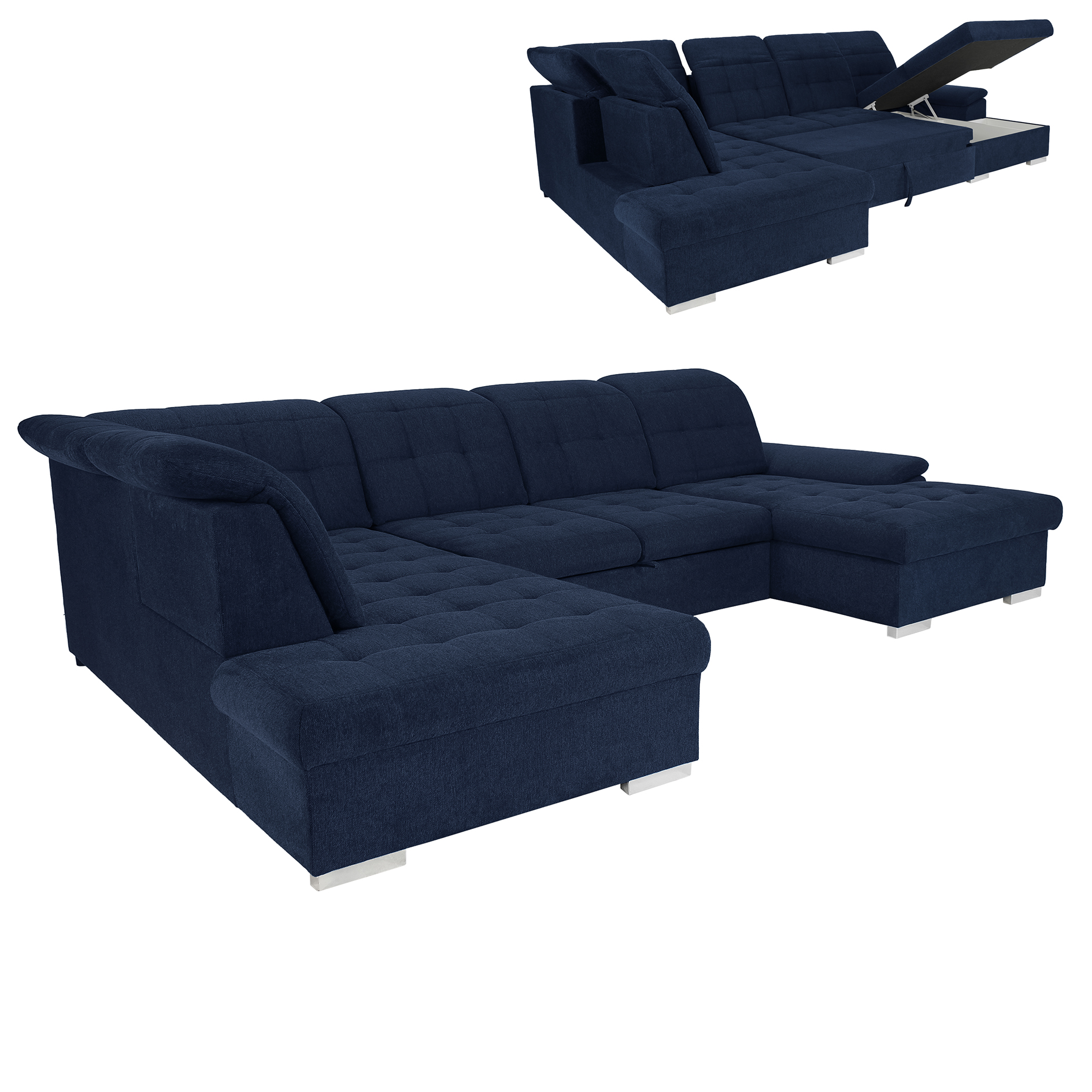 Wohnlandschaft - deep blue - Liegefunktion - Staukasten - Recamiere rechts