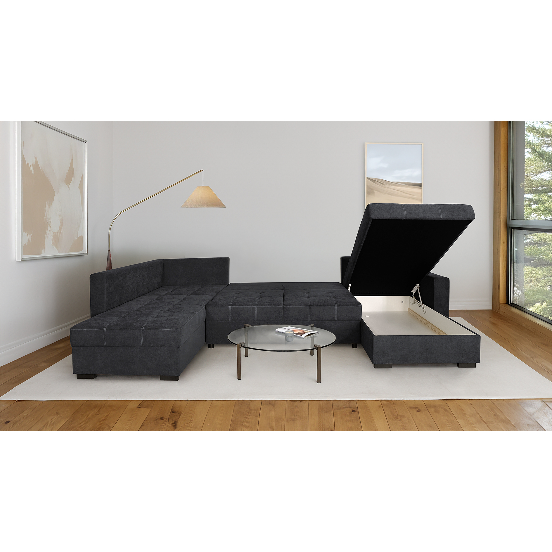 Wohnlandschaft - graphite - Liegefunktion und Staukasten