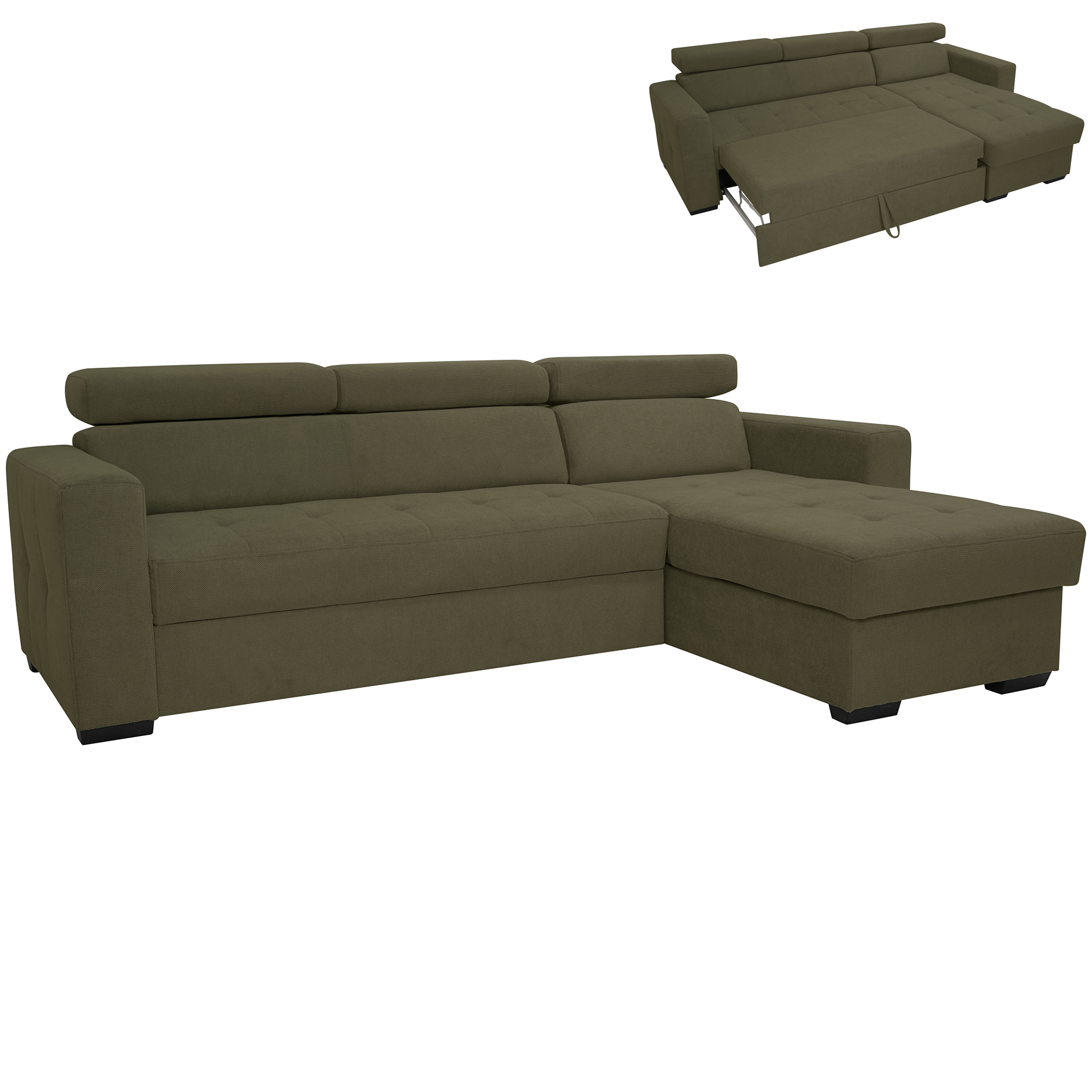 Wohnlandschaft - olive - Webstoff - Schlaffunktion - Bettkasten