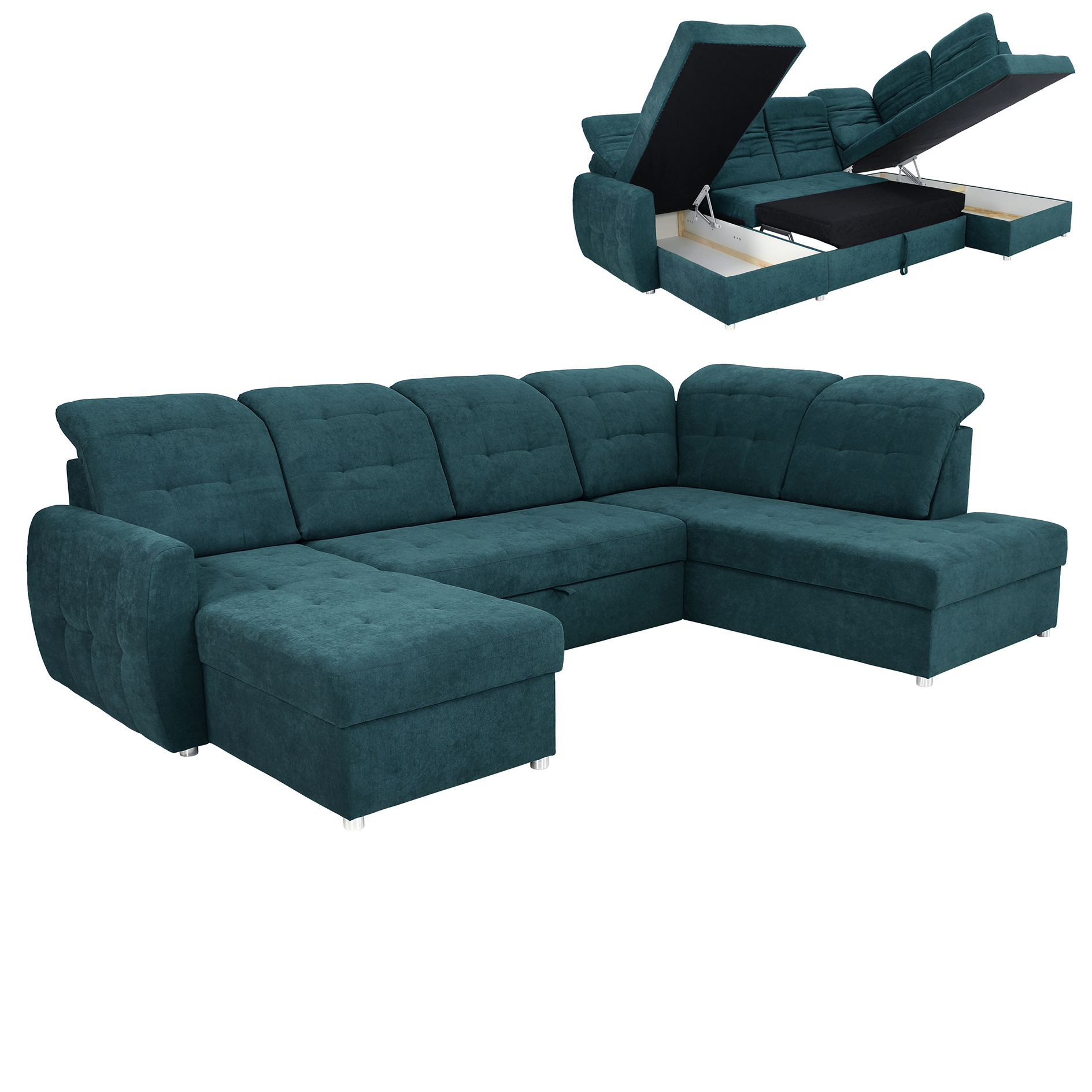 Wohnlandschaft - teal - 2 Staukästen - Recamiere links
