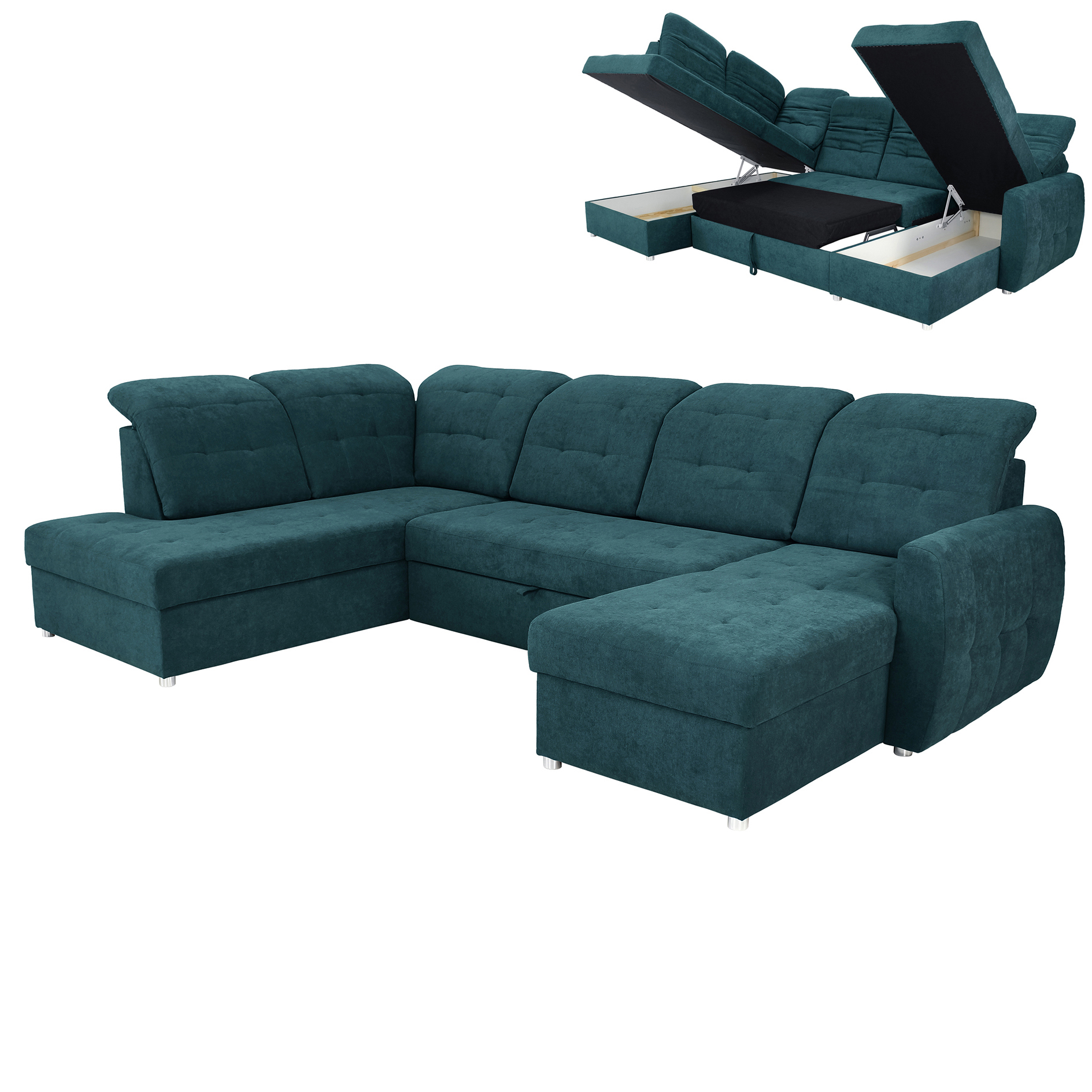 Wohnlandschaft - teal - 2 Staukästen - Recamiere rechts