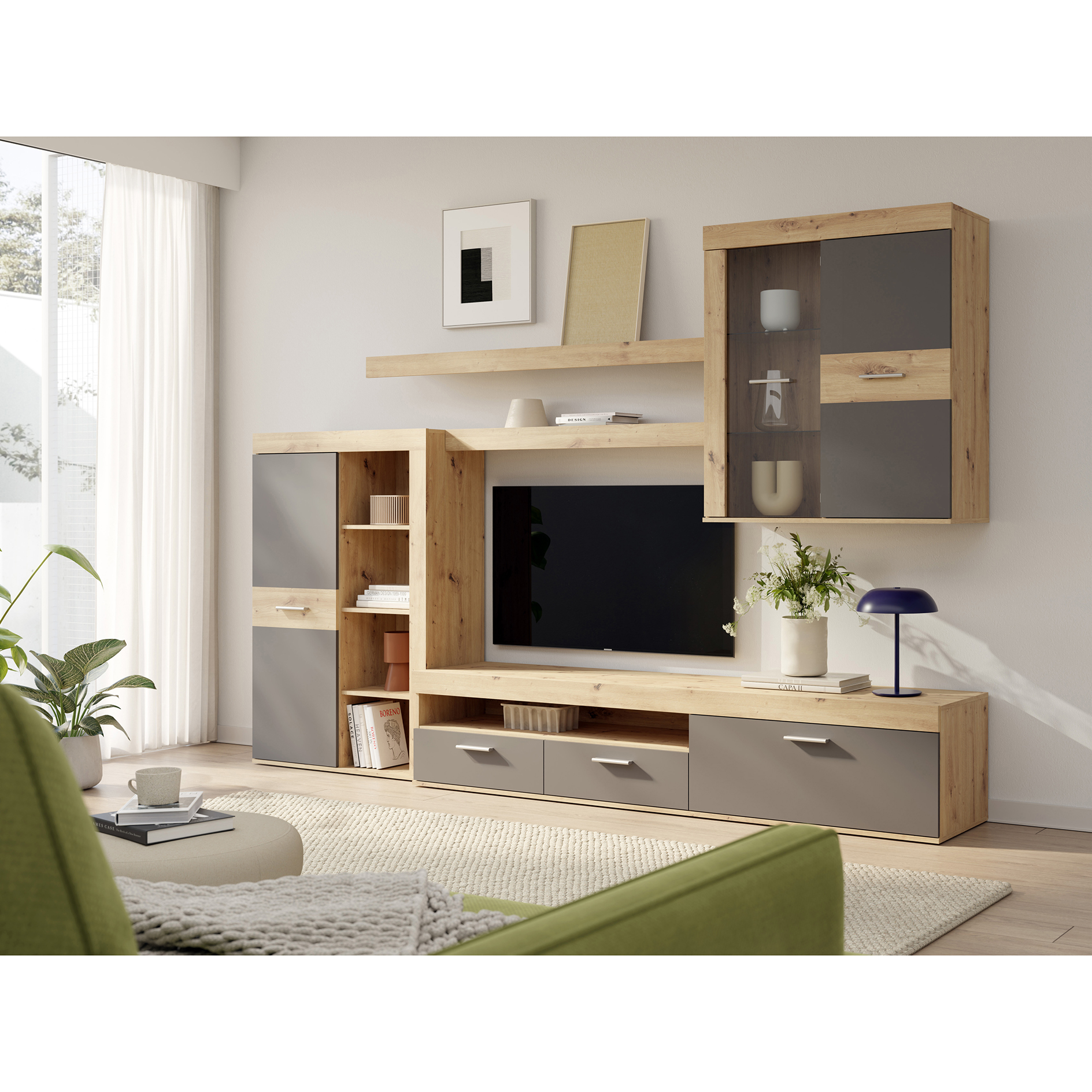 Wohnwand - Artisan Eiche - grau - 300 cm breit
