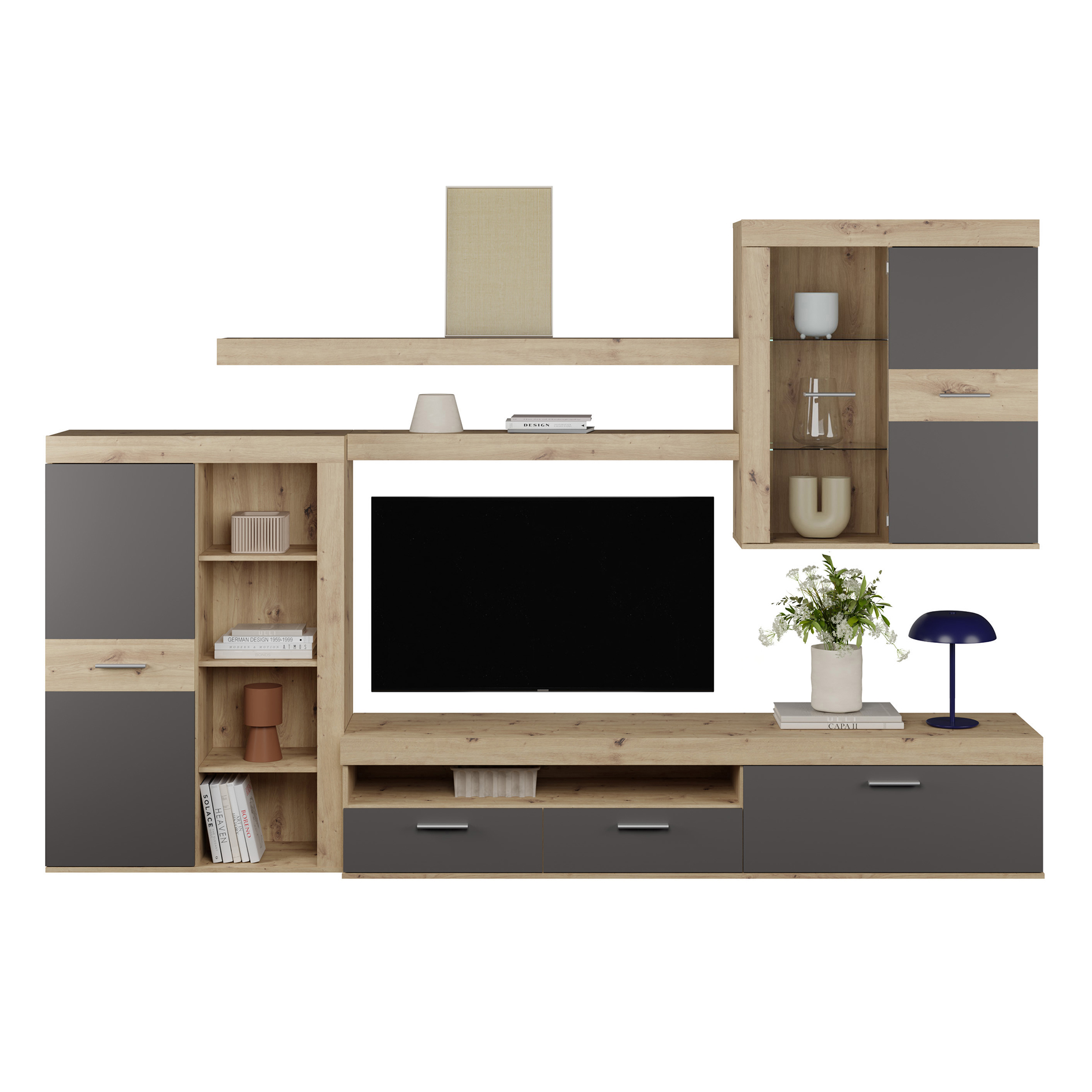 Wohnwand - Artisan Eiche - grau - 300 cm breit
