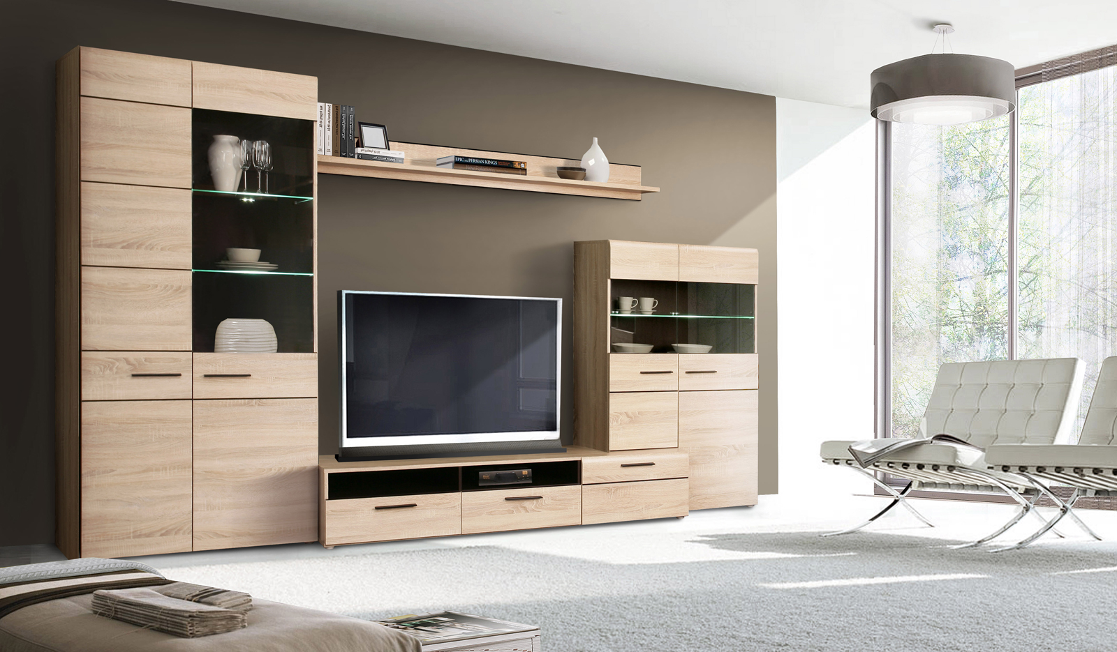 Wohnwand - Eiche Sonoma-Wenge - LED-Beleuchtung  Online bei