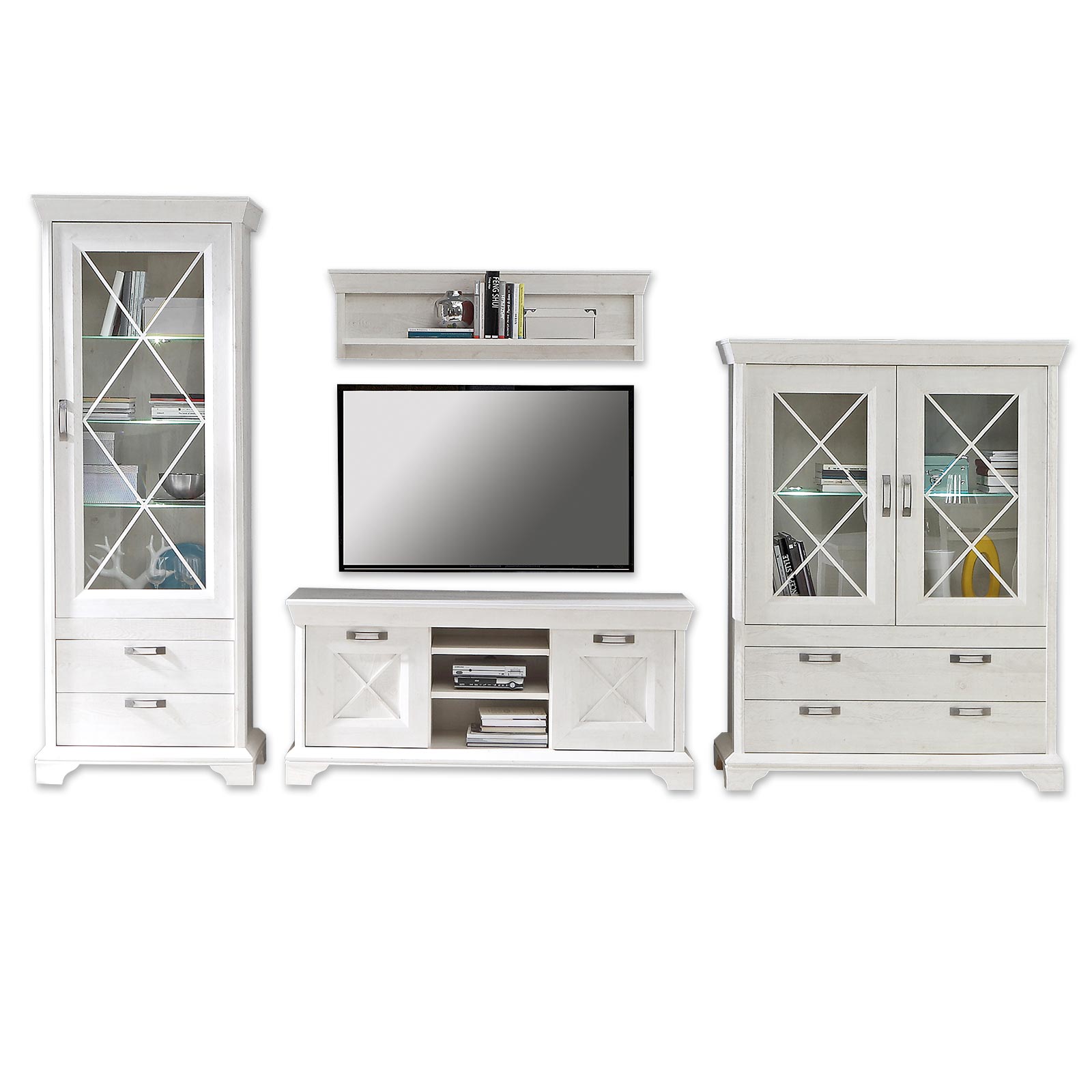 Wohnwand-Set - Pinie weiß - 348 cm - Vitrine - Landhaus