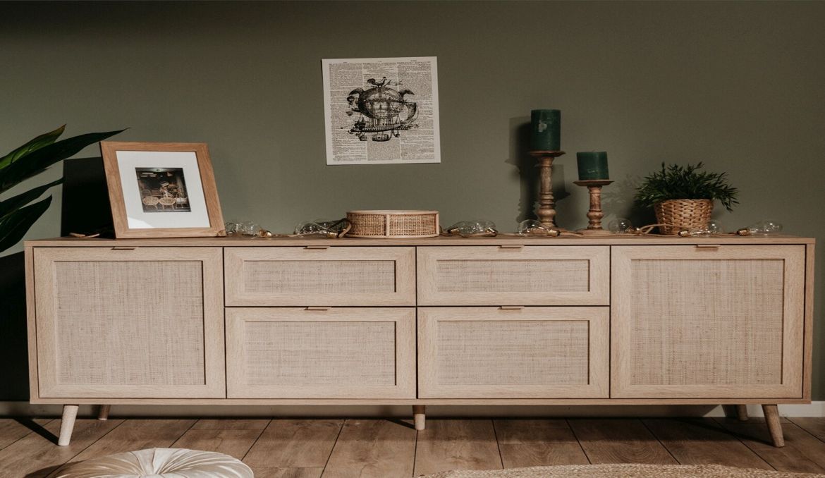 Sideboard BALI - Sonoma Eiche-Rafia geflecht - 180 cm breit